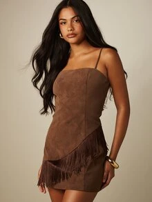 MISSGUIDED Suede Mini Dress With Square Neck Spaghetti Straps And Diagonal Fringe Hem Detail Bodycon Silhouette Fall Party - Coffee Brown - View 1