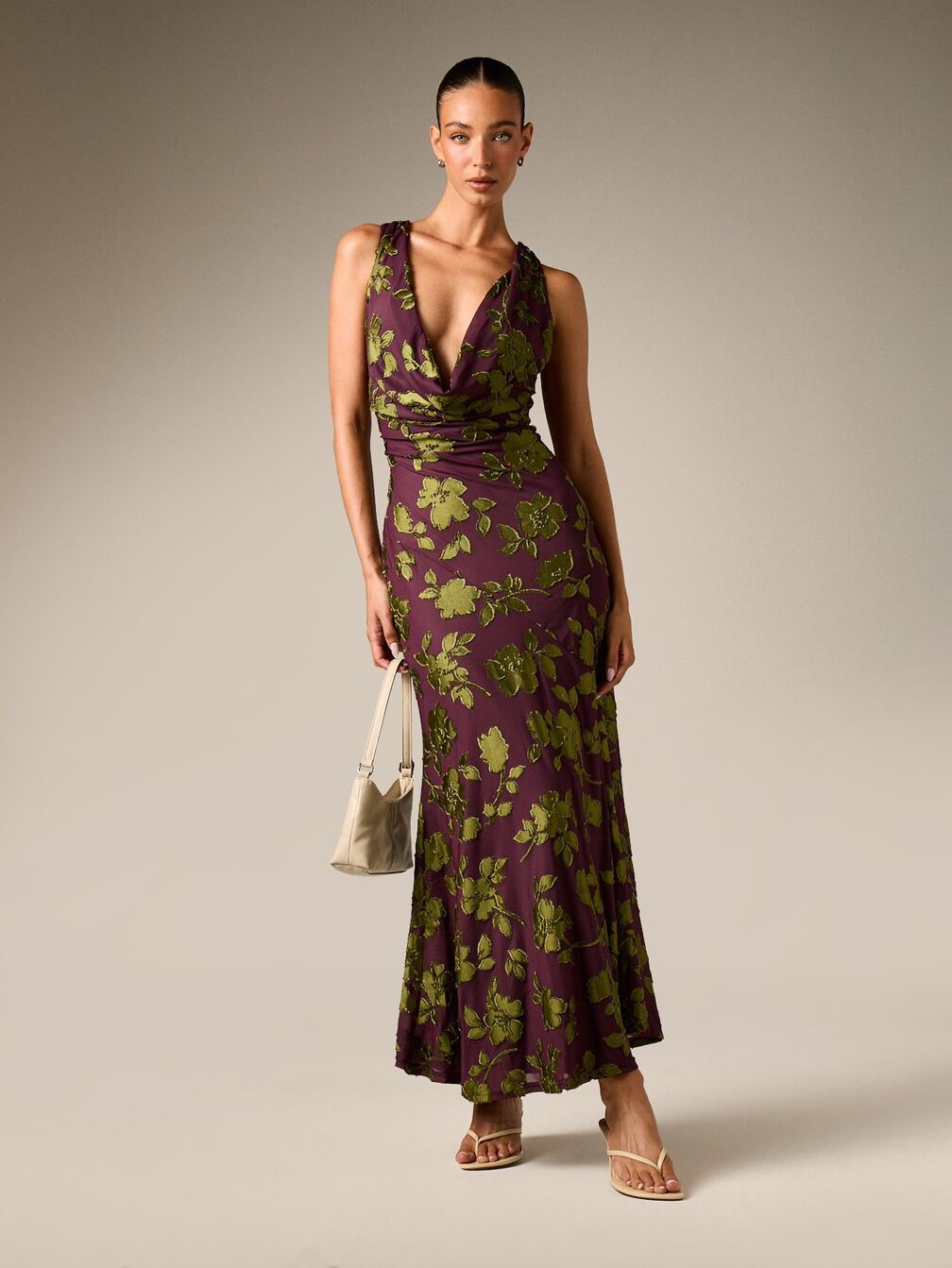 jacquard cowl neck bridesmaid dress AiiRZ Floral Sleeveless Mermaid Maxi Dress｜AiiRZ Style:EE50159BK A Gray Suit with APDAug23 Floral Sleeve