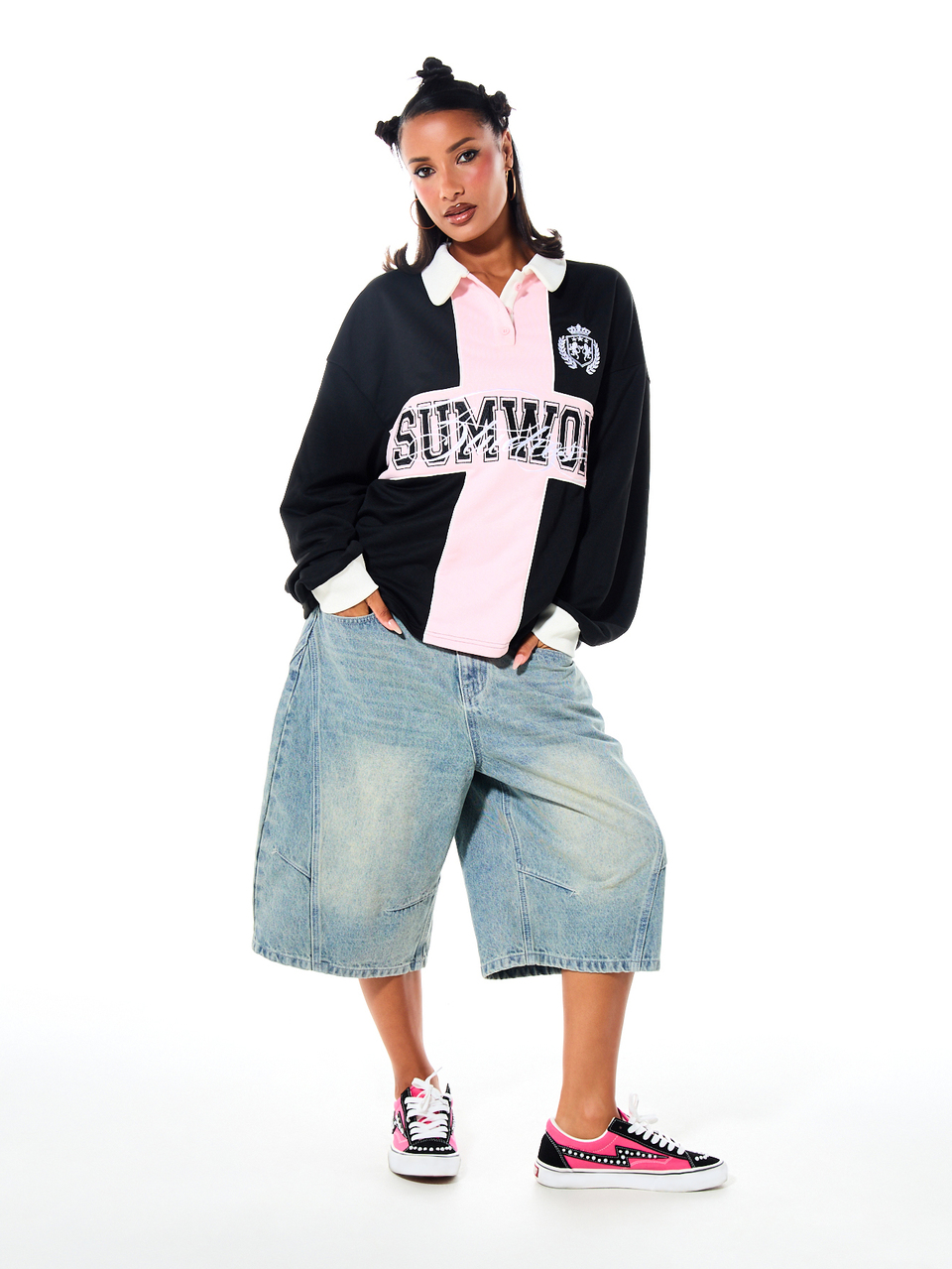 SUMWON WOMEN Oversized Farbblock Rugby Polo Sweatshirt mit Varsity Applikation und College Text Muster Langarm Top