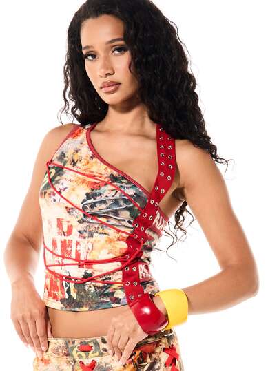 SUMWON WOMEN Graffiti AOP Print Lace-Up Corset Crop Top With Metal Eyelets V-Neck Sleeveless Festival Summer Party Style