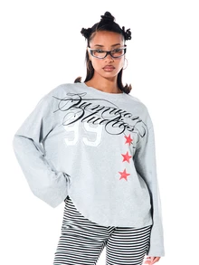 SUMWON WOMEN Oversized Long Sleeve Crew Neck Graphic Top With Collegiate Number And Star Print High Low Hem - Grey - View 1