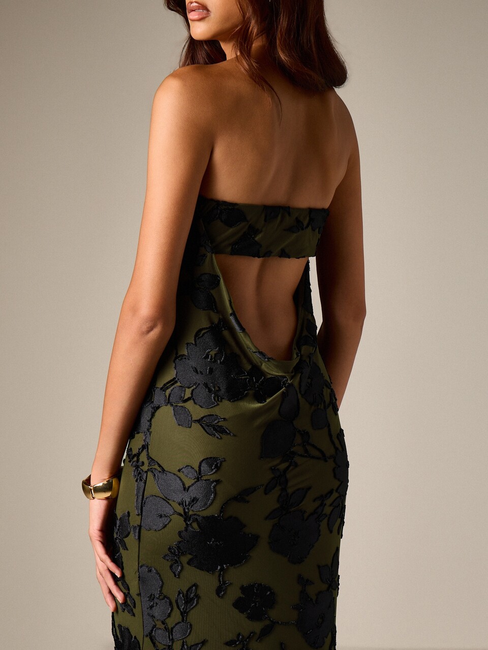AiiRZ Strapless Maxi Dress With Floral Applique And Open Back