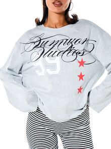 SUMWON WOMEN Oversized Long Sleeve Crew Neck Graphic Top With Collegiate Number And Star Print High Low Hem - Grey - View 5