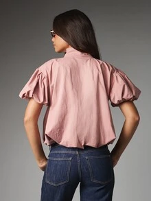 MISSGUIDED 泡泡短袖拉鍊高領短版上衣，泡泡下擺，府綢夏季休閒上衣 - 粉色 - 查看 2