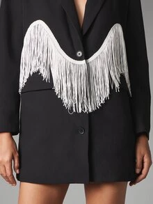 MISSGUIDED Oversized Black Blazer Dress With White Fringe Trim Detail Notched Lapel Long Sleeve Party Night Out Mini Length - Black - View 5