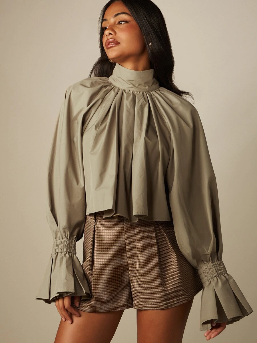MISSGUIDED Gathered High Neck Crop Blouse With Bell Sleeves Smocked Ruffle Cuffs And Pleated Volume Fall Winter Style - Khaki - View 1