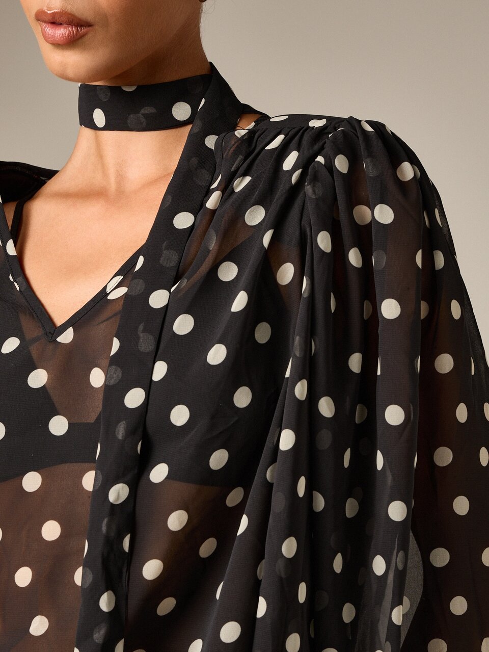 AiiRZ Sheer Chiffon Polka Dot Blouse With Puff Sleeves And Tie Neck