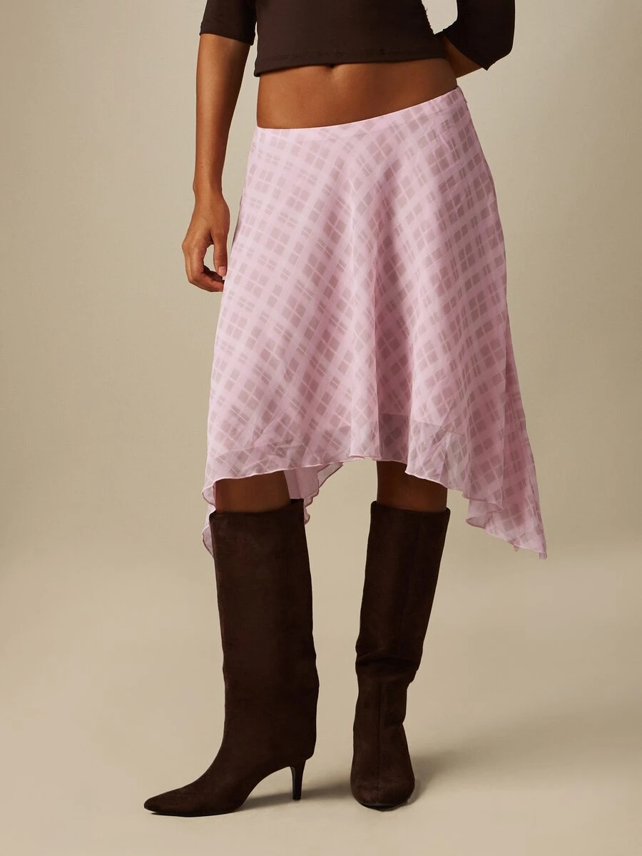 MISSGUIDED Asymmetric Handkerchief Hem Chiffon Midi Skirt With Checked Pattern A-Line Silhouette Low Rise Flowy Spring Summer Style - Pink - View 1
