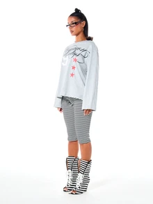 SUMWON WOMEN Oversized Long Sleeve Crew Neck Graphic Top With Collegiate Number And Star Print High Low Hem - Grey - View 4