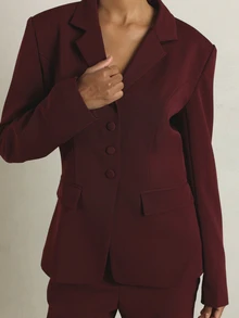 KSTM Tailored Fitted Blazer With Notch Lapel Four Button Closure And Welt Pockets Elegant Office Formal Autumn Winter Suiting Jacket - Burgundy - View 5