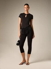 AiiRZ Cap Sleeve Keyhole Neckline Top With Macrame Fringe Hem Detail Fitted Silhouette Party Night Out Style - Black - View 4
