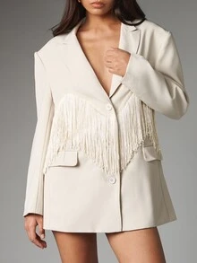 MISSGUIDED Oversized Fringe Blazer Dress With Notched Lapel And Button Closure Statement Party Evening Tailored Jacket - Apricot - View 4