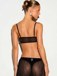 KIZN Crop Fit Sheer Mesh Rhinestone Embellished Bralette With Polka Dot Texture And Adjustable Spaghetti Straps For Summer Festivals - Black - View 2