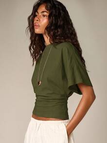 AiiRZ Oversized Boxy Crop Top With Cinched Waist Band Round Neck Short Flutter Sleeves Cropped Hem Casual Summer Everyday Top - Army Green - View 4