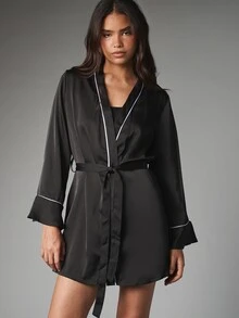 MISSGUIDED Satin Wrap Robe With White Contrast Piping Bell Ruffle Cuffs Self-Tie Belt V-Neck Mini Length Lounge Kimono Dressing Gown - Black and White - View 1