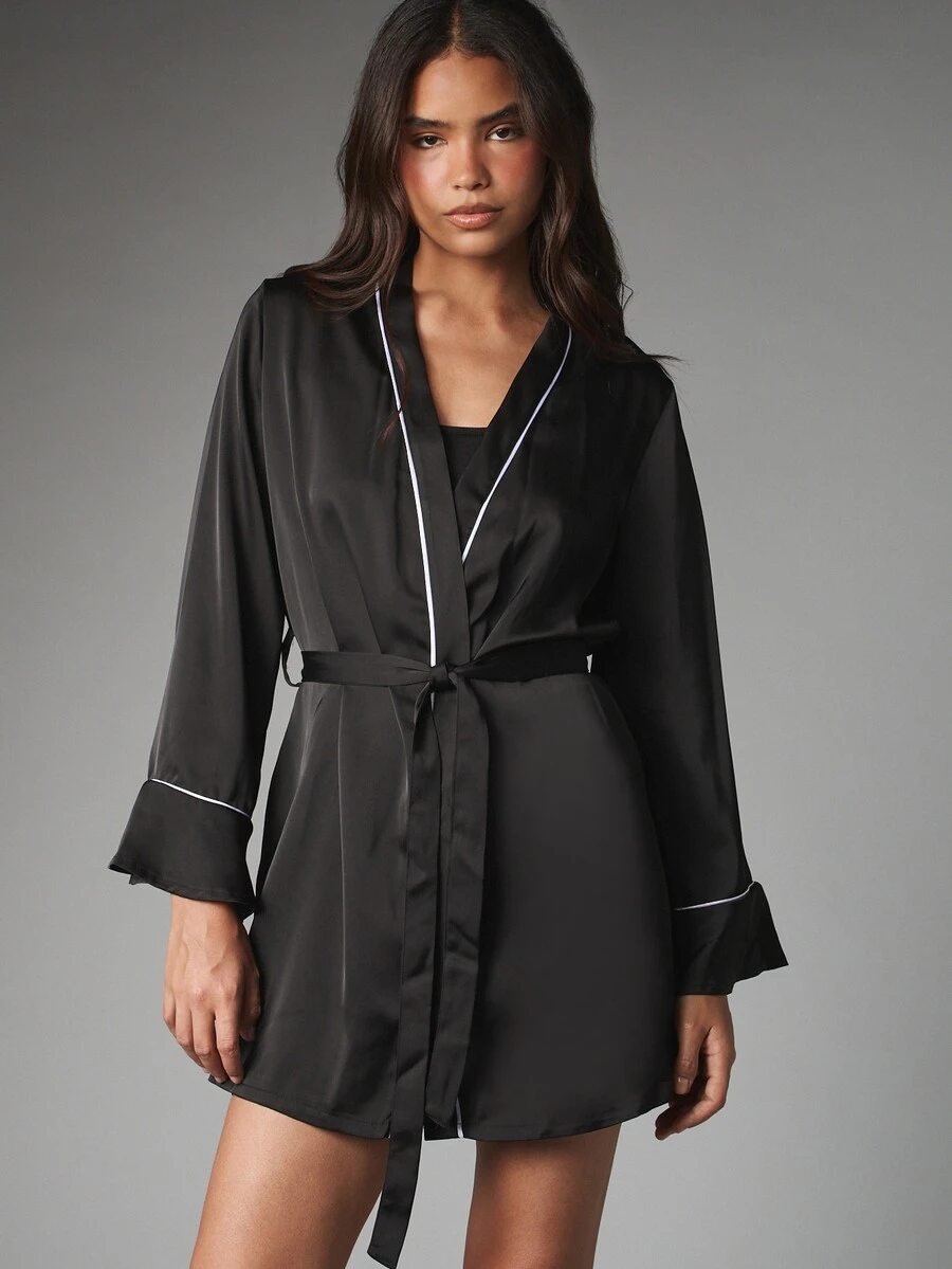 MISSGUIDED Satin Wrap Robe With White Contrast Piping Bell Ruffle Cuffs Self-Tie Belt V-Neck Mini Length Lounge Kimono Dressing Gown - Black and White - View 1