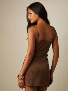 MISSGUIDED Suede Mini Dress With Square Neck Spaghetti Straps And Diagonal Fringe Hem Detail Bodycon Silhouette Fall Party - Coffee Brown - View 2