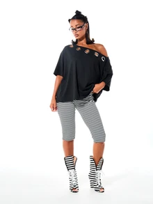 SUMWON WOMEN Oversized Off-Shoulder Batwing T-Shirt With Metal Eyelet Trim Detail Slouchy Drop Shoulder Casual Top - Black - View 6