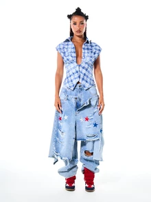SUMWON WOMEN Camisa Cropped Xadrez Tie Dye com Decote Profundo e Detalhe de Cadarço de Espartilho nas Costas, Manga Curta, Top de Festival de Verão - Azul - Visão 3