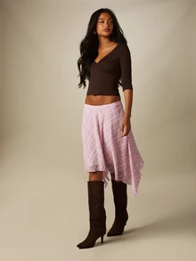 MISSGUIDED Asymmetric Handkerchief Hem Chiffon Midi Skirt With Checked Pattern A-Line Silhouette Low Rise Flowy Spring Summer Style - Pink - View 5