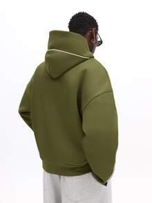SUMWON Oversized Pullover Hoodie With White Contrast Piping Detail And Oval Logo Patch Drop Shoulder Relaxed Fit Fall Winter Essential - Army Green - View 2