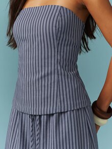 MISSGUIDED Pinstripe Bandeau Top With Wide-Leg Drawstring Trousers With High Waist Co-Ord Set And Full-Length Silhouette - Summer Vacations And Holiday Occasions - Blue - View 5