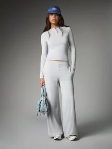 MISSGUIDED 長袖缺口領短版上衣與高腰寬腿褲套裝，柔軟針織居家休閒兩件套 - 灰色 - 查看 5