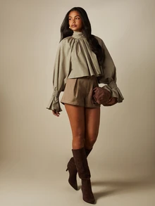 MISSGUIDED Gathered High Neck Crop Blouse With Bell Sleeves Smocked Ruffle Cuffs And Pleated Volume Fall Winter Style - Khaki - View 3