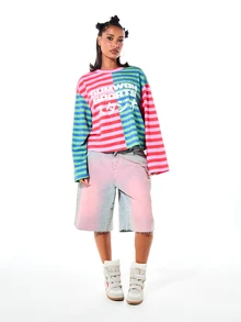 SUMWON WOMEN Sports Oversized Cropped Long Sleeve Striped T-Shirt With Japanese Script Print And Bell Sleeves Color Block Panels - Multicolor - View 6