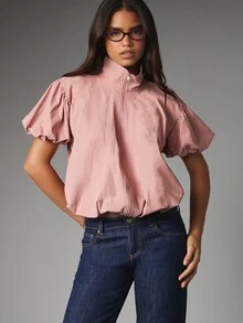 MISSGUIDED 泡泡短袖拉鍊高領短版上衣，泡泡下擺，府綢夏季休閒上衣 - 粉色 - 查看 5