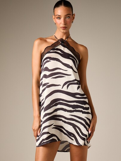 AiiRZ Zebra Print Halter Neck Mini Slip Dress With Black Lace Trim Detail Open Back Tie Neck Satin Finish Summer Party Night Out