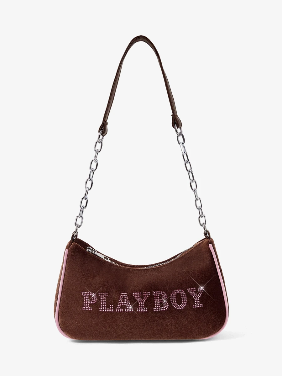 Missguided x Playboy 水鑽 Logo 天鵝絨肩背包,附鏈條背帶與粉色飾邊,法棍包手拿包 - 咖啡 - 查看 1
