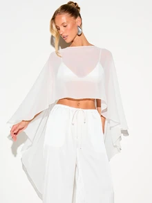 KIZN Sheer Chiffon Batwing Cape Crop Top Boat Neck Flowing Oversized Sleeves Summer Resort Bridal Beach Cover Up - White - View 4