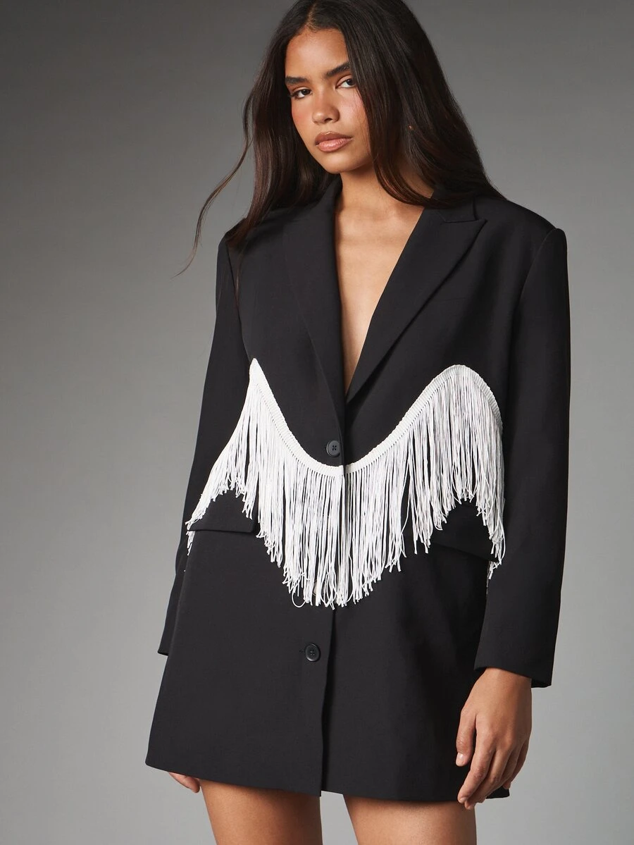 MISSGUIDED Oversized Black Blazer Dress With White Fringe Trim Detail Notched Lapel Long Sleeve Party Night Out Mini Length - Black - View 1