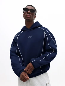 SUMWON Oversized Pullover Hoodie With Contrast Piping Detail And Oval Logo Emblem, Relaxed Fit Drop Shoulder Fleece Sweatshirt - Navy Blue - View 5