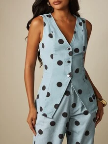 MISSGUIDED 波點印花V領無袖長版牛仔背心，鈕扣前開襟，夏季風格 - 彩色 - 查看 4
