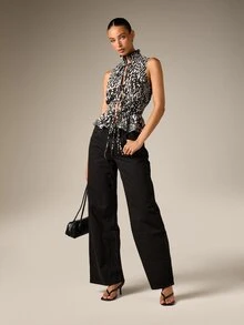 AiiRZ Sleeveless High Neck Smocked Waist Chiffon Blouse With Tie Front Detail And Abstract Animal Print Peplum Hem Summer Night Out Top - Multicolor - View 3