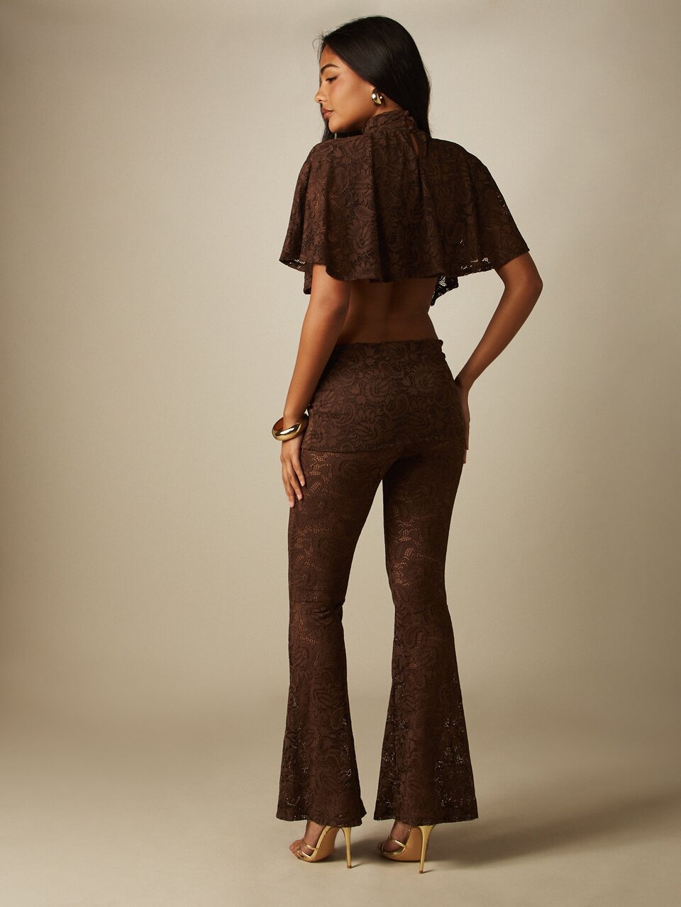 MISSGUIDED Floral Lace Co-Ord Set High Neck Butterfly Sleeve Crop Top And Flared Pants With Skirt Overlay Summer Party