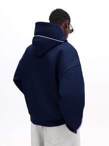 SUMWON Oversized Pullover Hoodie With Contrast Piping Detail And Oval Logo Emblem, Relaxed Fit Drop Shoulder Fleece Sweatshirt - Navy Blue - View 2