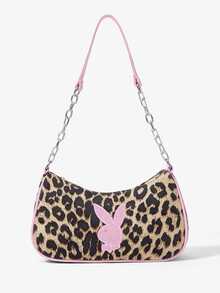 Missguided x Playboy 豹紋迷你單肩包，附鏈條肩帶與兔子貼布，法棍包/馬鞍包，適合派對與夜生活 - 豹紋 - 查看 1