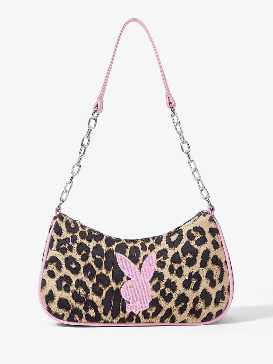 Missguided x Playboy 豹紋迷你單肩包,附鏈條肩帶與兔子貼布,法棍包/馬鞍包,適合派對與夜生活 - 豹紋 - 查看 1