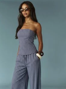 MISSGUIDED Pinstripe Bandeau Top With Wide-Leg Drawstring Trousers With High Waist Co-Ord Set And Full-Length Silhouette - Summer Vacations And Holiday Occasions - Blue - View 4