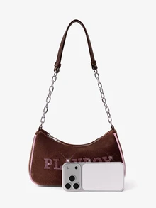 Missguided x Playboy 水鑽 Logo 天鵝絨肩背包，附鏈條背帶與粉色飾邊，法棍包手拿包 - 咖啡 - 查看 4