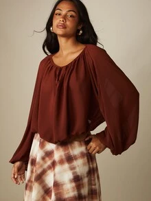 MISSGUIDED Rust Chiffon Peasant Blouse With Gathered Scoop Neck Tie Detail And Dramatic Puff Long Sleeves Fall Boho Crop Top - Coffee Brown - View 1