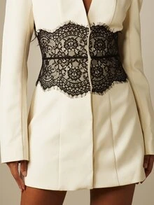 MISSGUIDED Blazer Mini Dress With Black Lace Corset Waist Detail V-Neck Long Sleeve Structured Shoulder Party Evening Event - Light Yellow - View 4