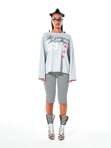 SUMWON WOMEN Oversized Long Sleeve Crew Neck Graphic Top With Collegiate Number And Star Print High Low Hem - Grey - View 3