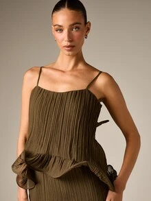 AiiRZ Pleated Chiffon Mini Dress With Tiered Ruffle Hem Spaghetti Straps Square Neck Shift Silhouette Summer Party Night Out - Green - View 5