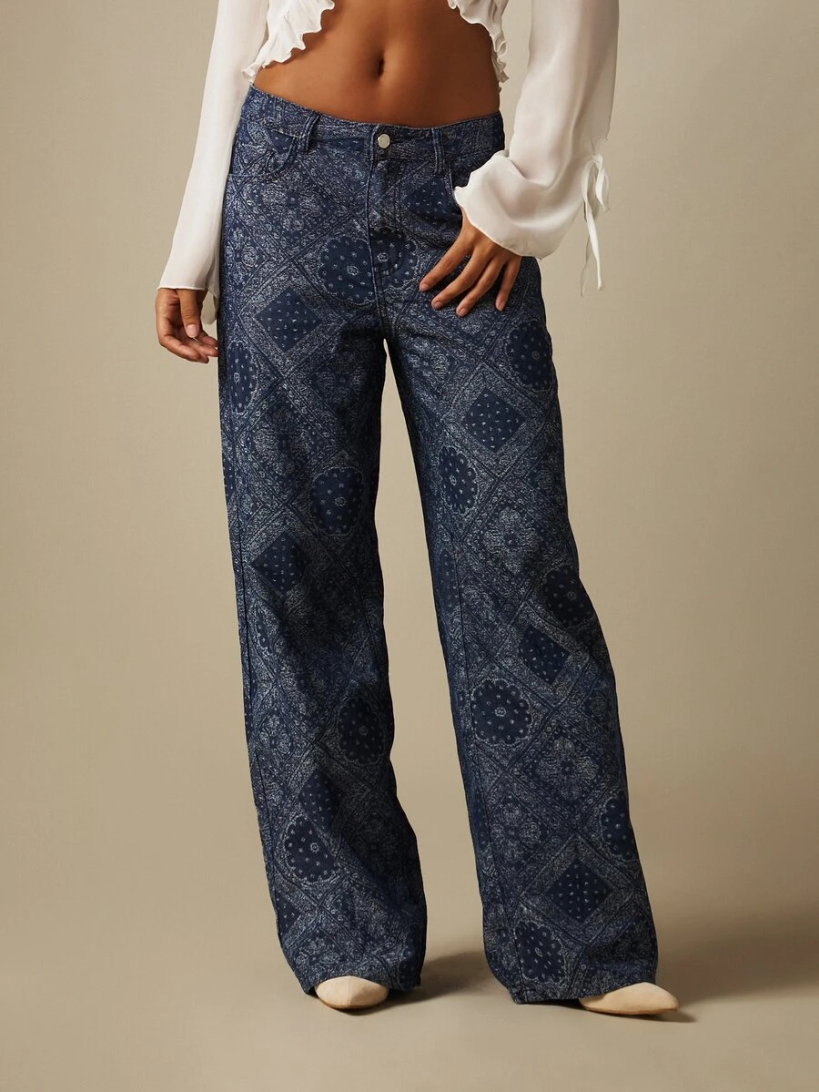 MISSGUIDED Wide Leg Bandana Paisley Print Jeans With Mid Rise Fit And Full Length Leg For Festival Spring Summer Occasions - Blue - View 1