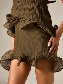 AiiRZ Pleated Chiffon Mini Dress With Tiered Ruffle Hem Spaghetti Straps Square Neck Shift Silhouette Summer Party Night Out - Green - View 2