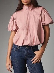 MISSGUIDED 泡泡短袖拉鍊高領短版上衣，泡泡下擺，府綢夏季休閒上衣 - 粉色 - 查看 3